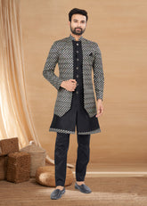 Exclusive Contrasting black Thread and Detailed Embroidery Work Indo Western, Sherwani | Indian Traditional Mens Wear